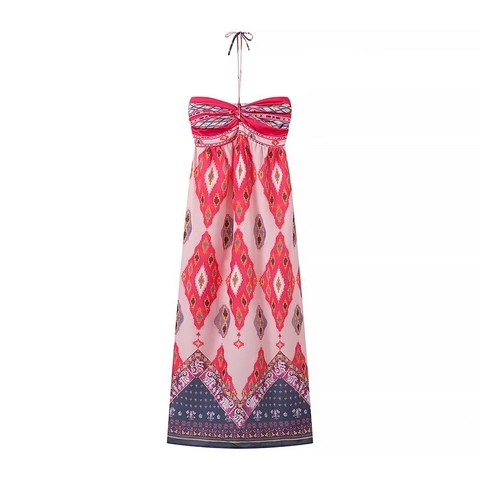 Halter Maxi Dress Polyester Ethnic Print Bohemian Vacation Beach Wear Lace-up High Waist Sleeveless Pink For Women