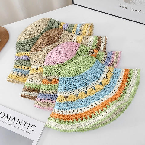Cappello A Secchiello In Paglia Fatto A Mano All'Uncinetto Righe Arcobaleno Pieghevole Protezione Solare Estate Spiaggia Per Donna