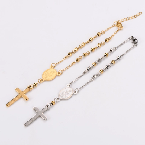 Rosary Bracelet 304 Stainless Steel Cross Pendant Virgin Mary Medal Beaded Chain Religious Vintage Hip Hop Jewelry