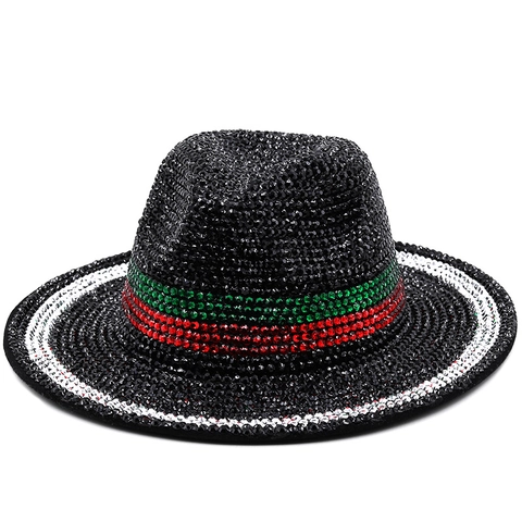 Cappello Fedora Con Strass Luccicanti Berretto Jazz Feltro Di Lana Righe Retro Britannico Spettacolo Scenico Unisex