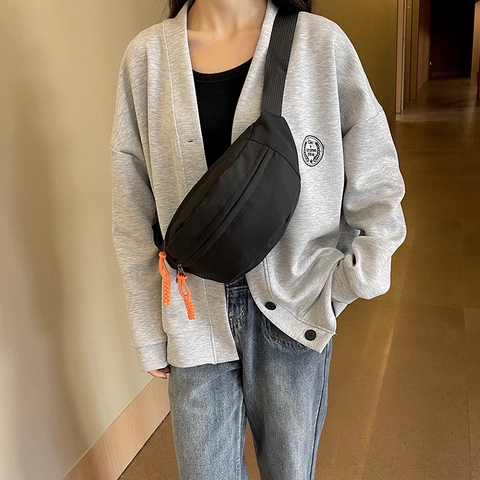 Women Canvas Waist Bag Large Capacity Chest Crossbody Bag Streetwear Minimalist Solid Color With Orange Zipper Pull