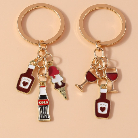 Llavero Creativo de Aleación de Zinc Esmaltado Dibujos Animados Copa de Vino Botella Cola Helado Colgante Chapado en Oro Regalo