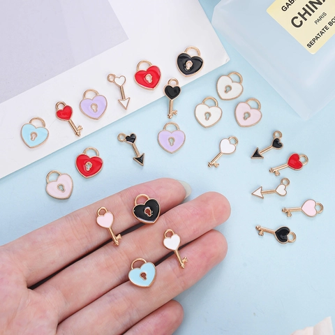 Heart Lock Key Enamel Alloy Charms For DIY Jewelry Making Pendants Crafts