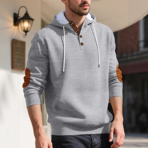 Heren Hoodie Jacquard Getextureerd Lange Mouwen Pullover Knoop Henley Hals Elleboog Patches Casual Sportief Mode Top