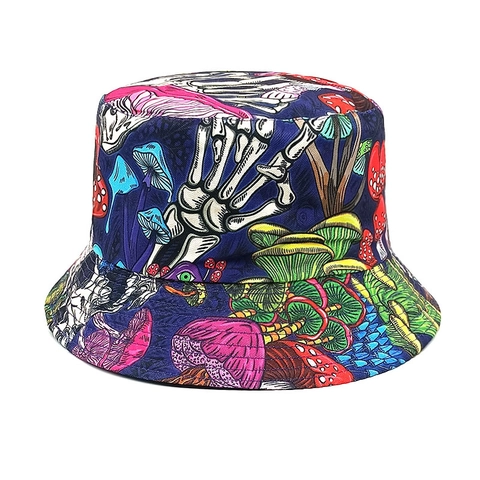 Vissershoed Met Paddestoel En Skelet Hand Print Polyester Omkeerbaar Zonbescherming Buiten Psychedelisch Retro Punk Unisex
