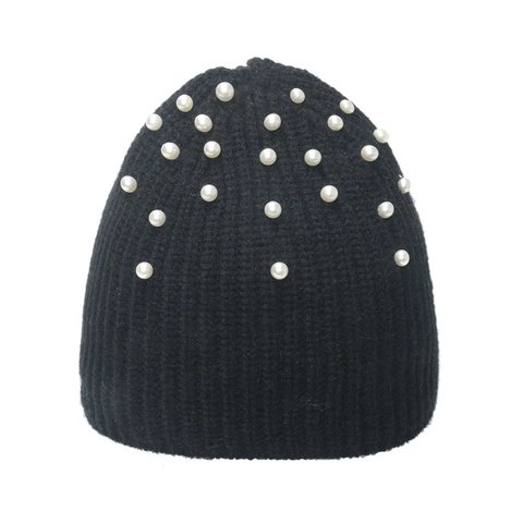 Women Ribbed Knit Beanie Hat With Faux Artificial Pearl Elegant Solid Color Warm Winter Cold Weather Cuff Cap For Ladies