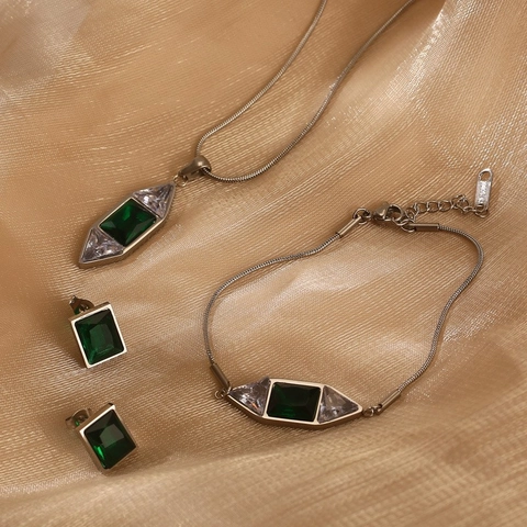 Collana Bracciale E Orecchini Con Pietra Preziosa Verde Smeraldo Acciaio Inossidabile Rombo Geometrico Gioielli Donna