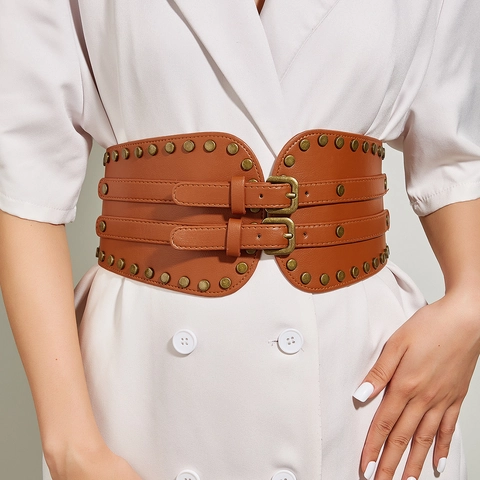 Damen Korsettgürtel Breite Elastische Taille Dichtung PU Leder Retro Punk Stil Doppel Schnalle Niete Dekor