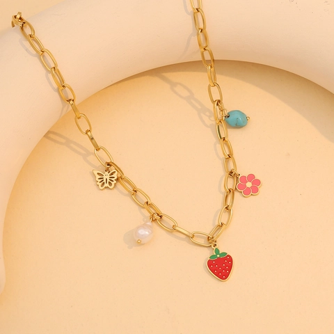 Edelstahl Schmuck Halskette Armband Ohrringe Mit Erdbeere Blume Schmetterling Anhänger Süß Gold Für Frauen