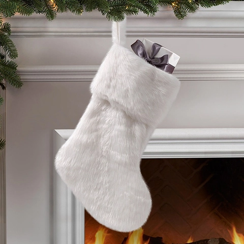 Calza Di Natale In Pelliccia Sintetica Bianca Peluche Ornamento Da Appendere Decorazione Natalizia Sacchetto Regalo