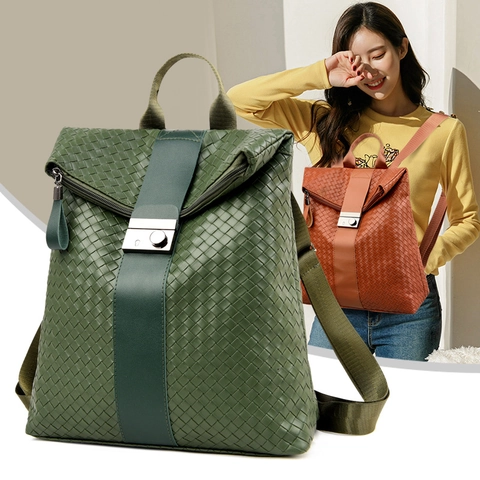 Women Woven PU Leather Backpack Flip Cover Metal Buckle Casual Travel Trendy Korean Style Soft Fashion Daypack