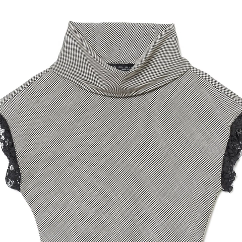 Top A Collo Alto Pied De Poule Patchwork In Pizzo Orlo Asimmetrico Camicetta Elegante A Maniche Corte Moda Donna