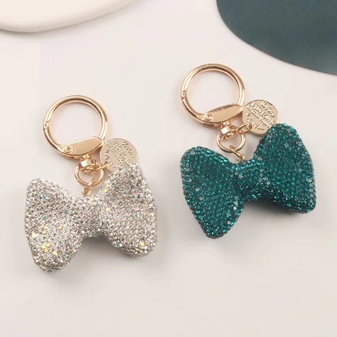 Modieuze Glinsterende Strass Strik Sleutelhanger Legering Verguld Tas Bedeltje Auto Sleutelring Voor Vrouwen Zoet Decoratief