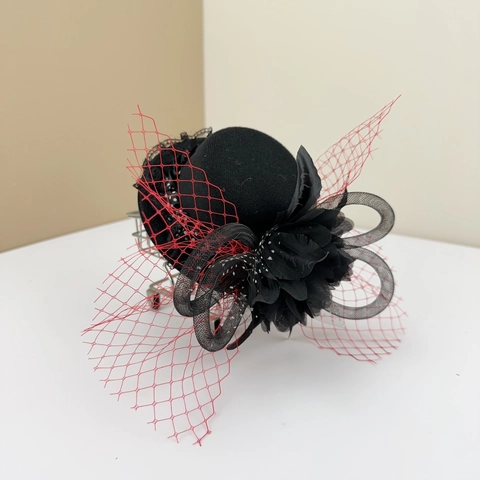 Vintage Mini Top Hat Fascinator With Large Flower Mesh Veil And Double Clips Retro Headpiece For Bridal Wedding Party