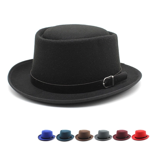 Retro Pork Pie Hat Wool Felt Flat Top British Style Unisex Dress Hat With Belt Buckle Elegant Casual