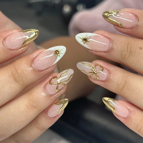 Press On Nails French Almond Nude Pink With 3D Gold Bow And Rhinestone Starburst Elegance Artificial Fingernails