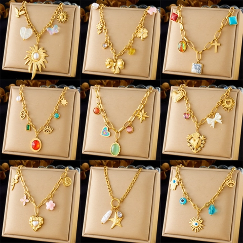 Collana In Acciaio Inossidabile Placcato Oro Retrò Francese Con Pendenti Cuore Perla Artificial Fiore Croce Occhio Multi Charm