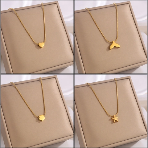 Elegante Collar de Colgante de Acero Inoxidable Chapado en Oro Corazón Estrella Cola de Pez Trébol Estrella de Mar Avión Mujer