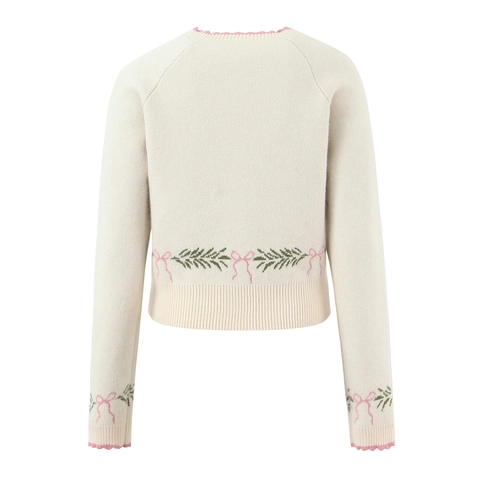 Women Round Neck Knitted Cardigan Sweater Scalloped Trim Bow Embroidery Long Sleeve Button Down Casual Chic Knitwear