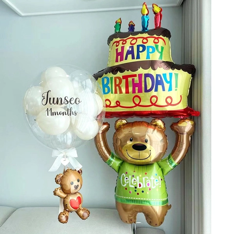 Palloncino in Foil a Forma di Orsetto con Torta di Compleanno Grande Gonfiabile Happy Birthday Decorazione per Feste Bambini