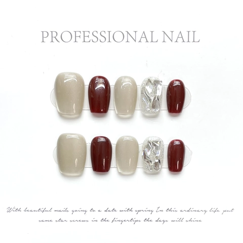 Handmade Press On Nails Rose Red Burgundy Cat Eye Short Square Round Resin Artificial Nails With Rhinestone For Women