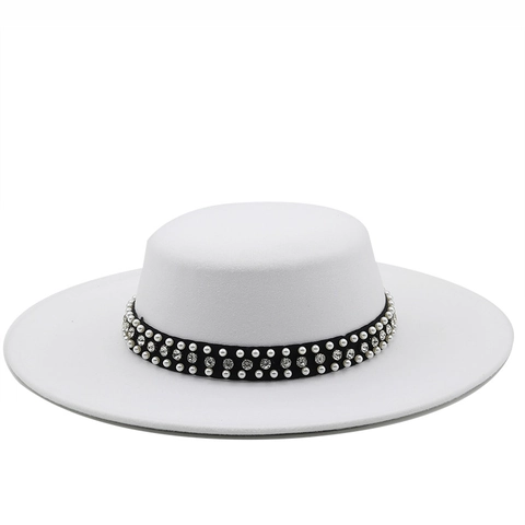 Women Elegant Flat Top Wide Brim Boater Hat Wool Felt Fedora With Artificial Pearl Rhinestone Band Vintage Jazz Party Cap