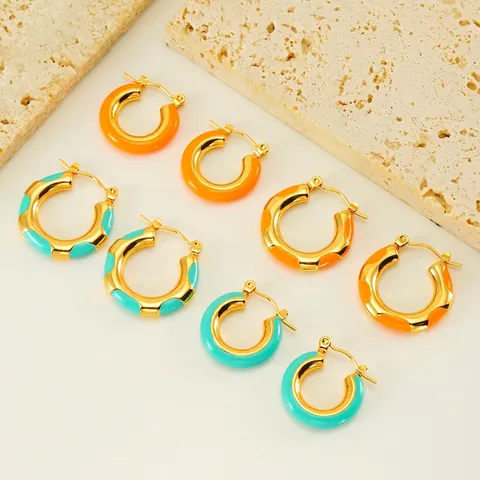 Vintage Enamel Hoop Earrings For Women Stainless Steel 18K Gold Plated Colorful Geometric Drip Glaze Fashion Jewelry