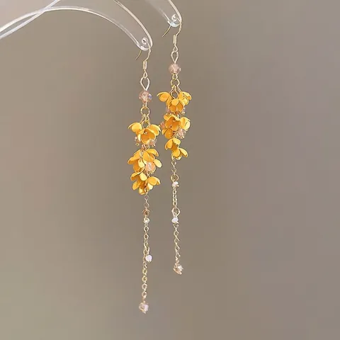 Gele Bloem Lange Kwastjes Oorbellen Frisse Bosstijl Zoete Osmanthus Glazen Kralen Goudkleurige IJzeren Sieraden Voor Dames