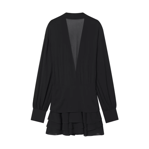 Zwarte Chiffon Mini Jurk Diepe V-Hals Lange Mouwen Met Ruches Gelaagd Gedrapeerd Taillekoord Modieus Voor Dames