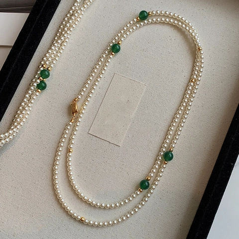 Lange Künstliche Perlenkette Vintage Chinesischer Stil Faux Weiße Künstliche Perlen Mit Grünen Künstliche Perlen Und Goldenen Abstandshaltern Elegante Pulloverkette