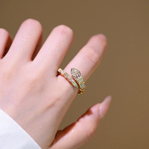 Slangenring Koper 18K Verguld Zirkonia Verstelbaar Open Ontwerp Fonkelende Dierlijke Sieraden Voor Dames