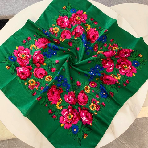 Retro Ethnic Floral Print Square Scarf Cotton Linen Russian Style Shawl For Women Lightweight Sun Protection Headscarf