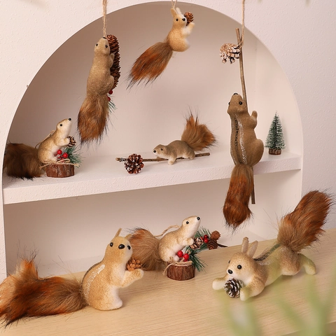 Simulation Squirrel Christmas Tree Hanging Ornaments With Natural Pine Cone Faux Fur Animal Figurines Holiday Home Decor