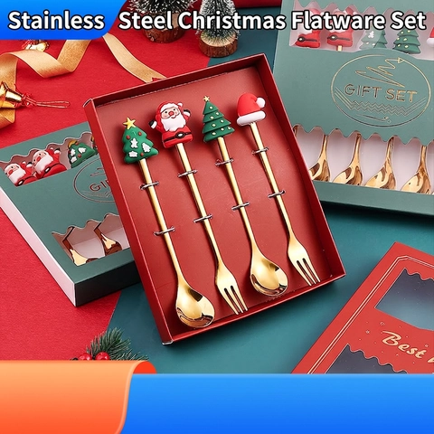 Christmas Cutlery Stainless Steel Spoon And Fork With Silicone Santa Claus Tree Decor Cartoon Tableware Holiday Party