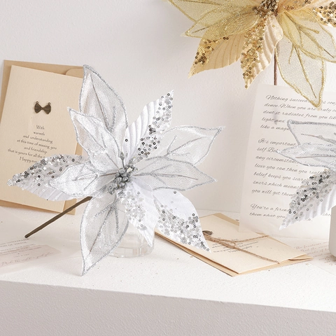 Artificial Christmas Poinsettia Flowers Glitter Mesh Floral Stems For Xmas Tree Ornaments Festive Home Decor