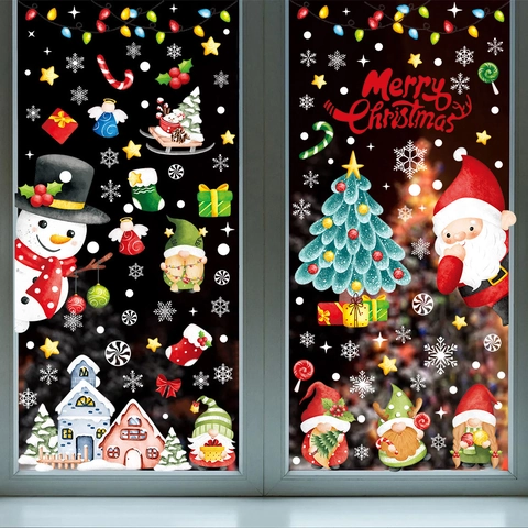 Christmas Window Clings Static Cling PVC Stickers Snowflake Santa Snowman Reusable Holiday Glass Decals Home Decoration