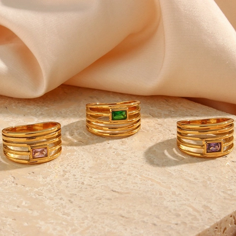 Hollow Multi Layer Ring Stainless Steel 18K Gold Plated With Rectangular Zircon Vintage Fashion Jewelry For Women