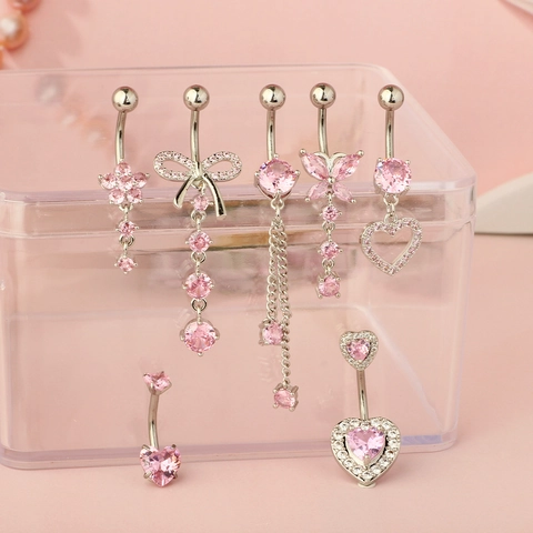 Stainless Steel Copper Pink Rhinestone Butterfly Heart Navel Piercing Jewelry Belly Button Rings Women Beach Fashion