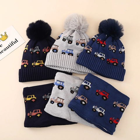 Bonnet Et Écharpe En Tricot D'Hiver Chaud Doublé Polaire Jacquard Motif Tracteur Pompon Pour Enfants