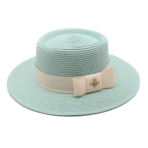 Cappello Di Paglia Boater Unisex Tesa Larga Cupola Piatta Protezione Solare Spiaggia Fedora Con Ape Dorata Fiocco