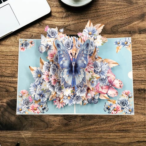 Biglietto di Auguri 3D Pop Up Farfalla Blu Da Sogno Fiori Taglio Laser per Compleanno Matrimonio Anniversario