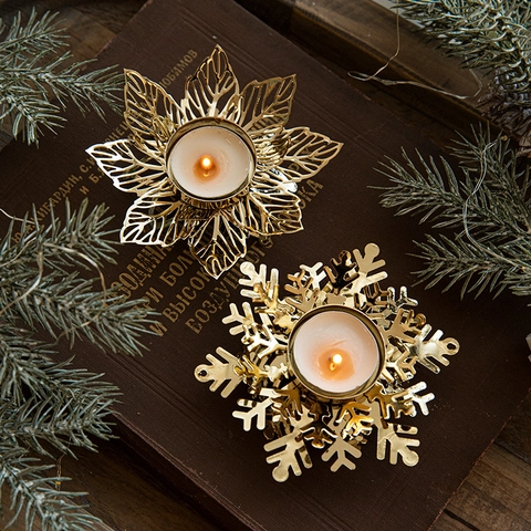 Navidad Hierro Dorado Copo De Nieve Hueco Candelabro Portavelas De Escritorio Ornamento De Metal Decoración