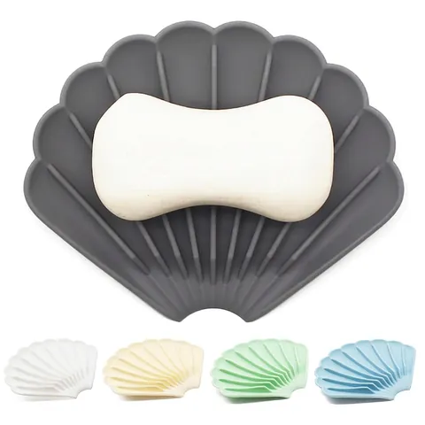 Shell Shaped Silicone Soap Dish Self Draining Non-Slip Holder For Bathroom Shower And Kitchen Sink Flexible Tray