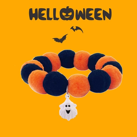 Halloween Pet Collar Plush Pom-Poms Copper Bell Adjustable Elastic Neck Strap For Cats Dogs Pumpkin Ghost Skull Ornament