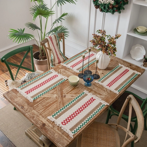BoHo Υφαντά Σουπλά από Βαμβάκι και Λινό Με Φούντες Γεωμετρικά Ριγέ Χαλάκι Τραπεζιού Για Διακόσμηση Τραπεζαρίας Κουζίνας