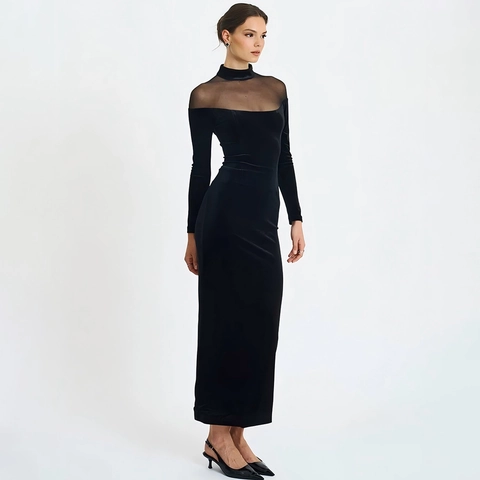 Sexy Fluwelen Maxi Jurk Voor Dames Mesh Transparante Patchwork Lange Mouwen Hoge Hals Avondfeest Clubwear