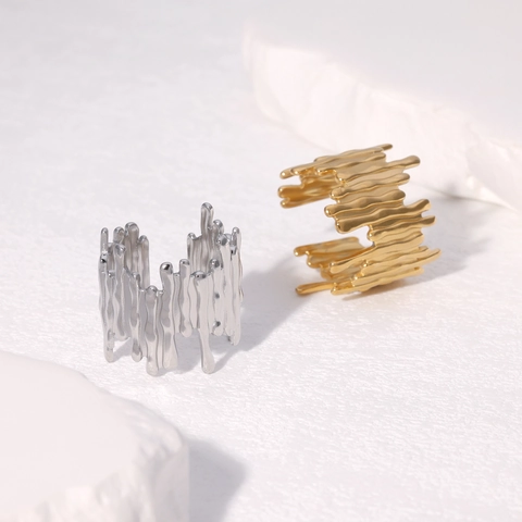 Edelstahl Offener Ring Für Damen 18K Vergoldet Flüssiges Metall Lava Textur Unregelmäßig Geometrisch Schmuck