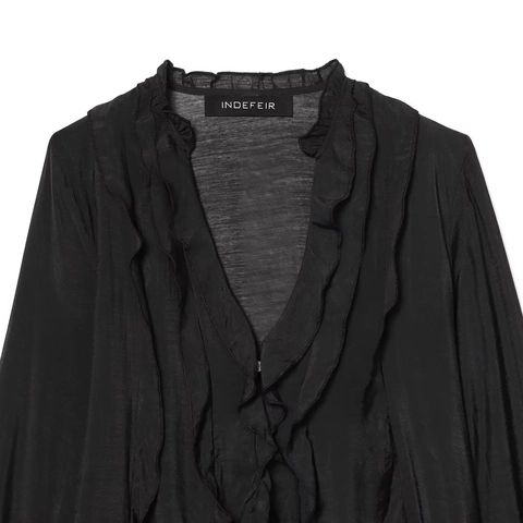 Damen Bluse V Ausschnitt Volant Langarm Bubble Sleeve Einfarbig Lose Französischer Stil Elegante Oberteile