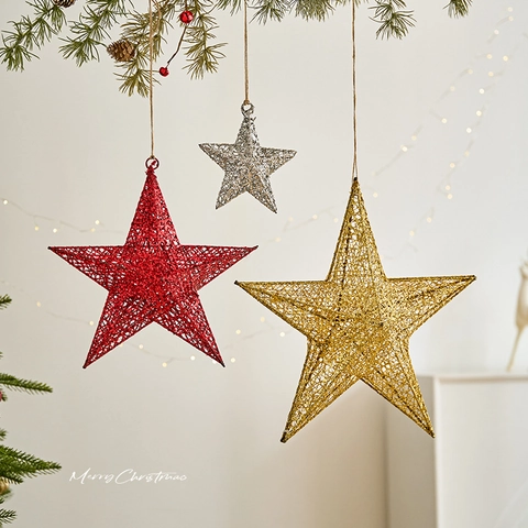 Glitter Christmas Star Hanging Ornaments Metal Wire Hollow Out Tree Decoration For Festive Party Home Window Sparkly