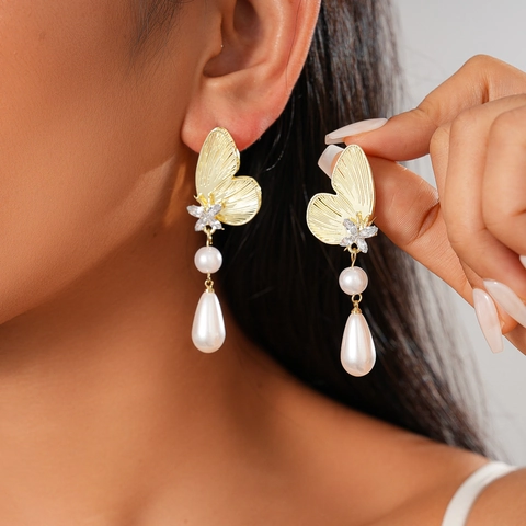 Hohl Schmetterling Tropfen Ohrringe Mit Strass Und Künstliche Perle 925 Sterling Silver Earring Post Vintage Elegant Damen